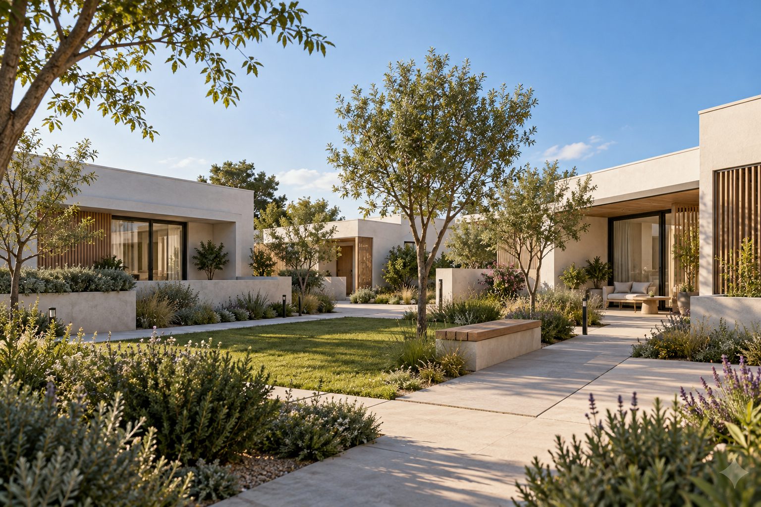 Low contemporary patio houses face a landscaped pedestrian courtyard with planting and shade.
